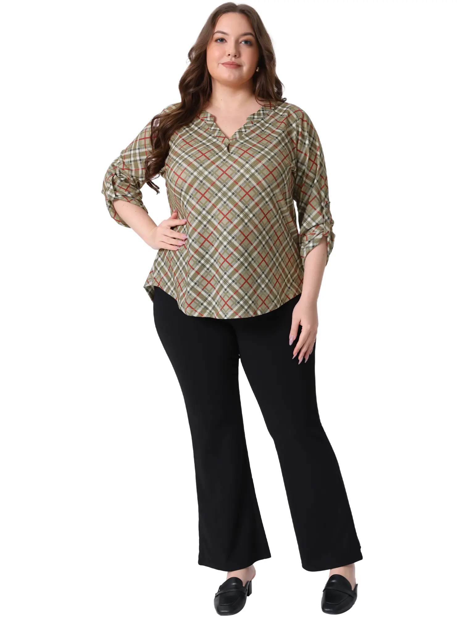 Agnes Orinda Women's Plus Size Top Long Sleeve V Neck Casual Loose Flowy Plaid Tunic Blouses