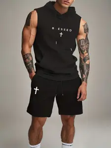 Men's Two-Piece Sports Set, Prayer & Cross Pattern Hoodie and Shorts, Casual Street Fashion, Spring Summer Fall Sportswear