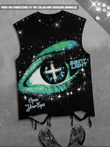 Diamond cotton vest with eye print vest for both men and women, burst hole trendy brand sleeveless t-shirt, European and American street casual fringe vest for men, 2026 summer clothing vest, Y2K style