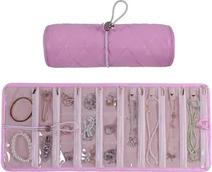 Hangable Travel Jewelry Organizer Roll with Zippered Pockets, PU Leather Portable Tangle-Free Jewelry Storage Bag for Women, Holder for Necklaces Earrings Rings Bracelets (Pink)