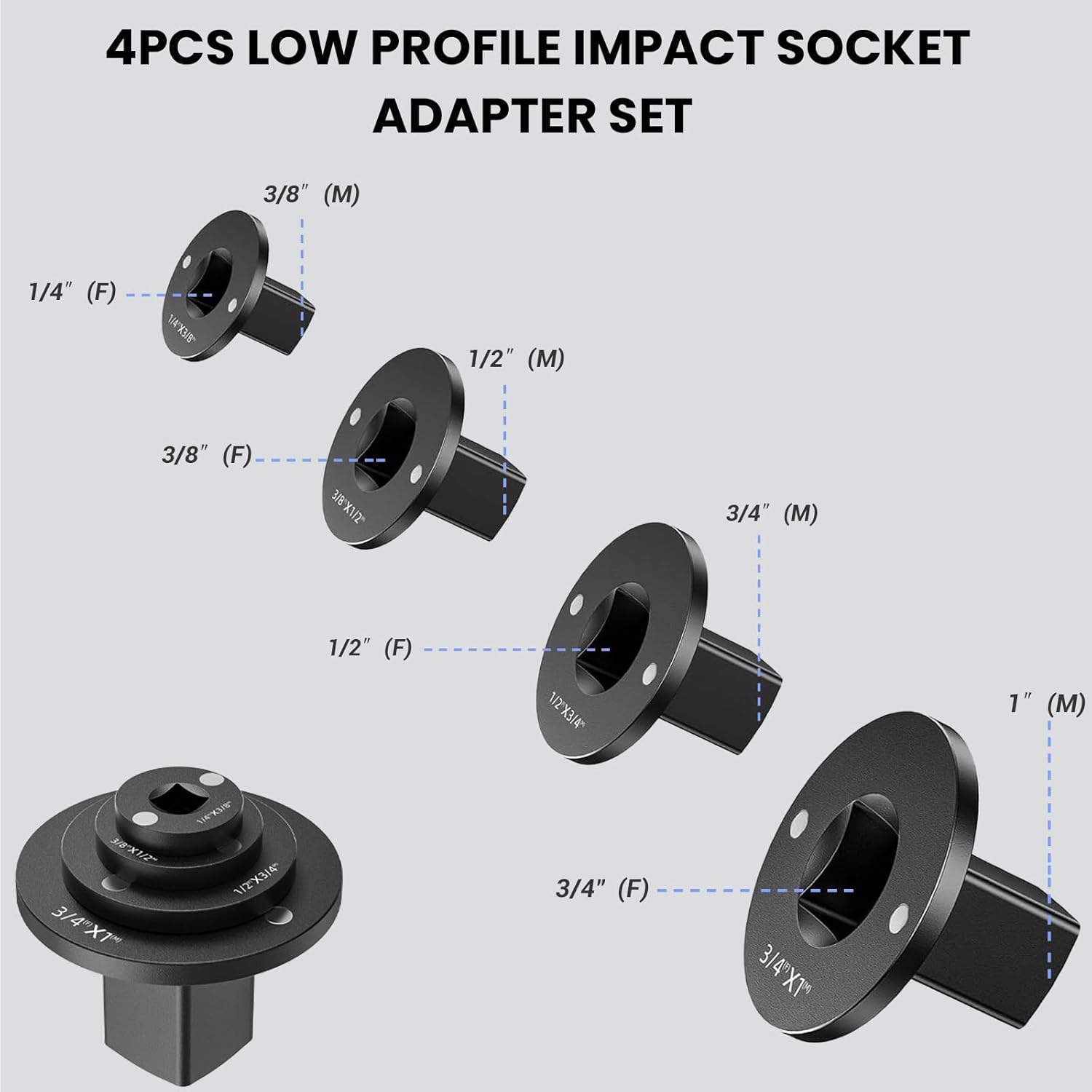 4pcs Low Profile Impact Socket Adapter Set Drive Ratchet Adapter Set 1/4" to 3/8", 3/8" to 1/2", 1/2" to 3/4", 3/4" to 1" Magnetic Design