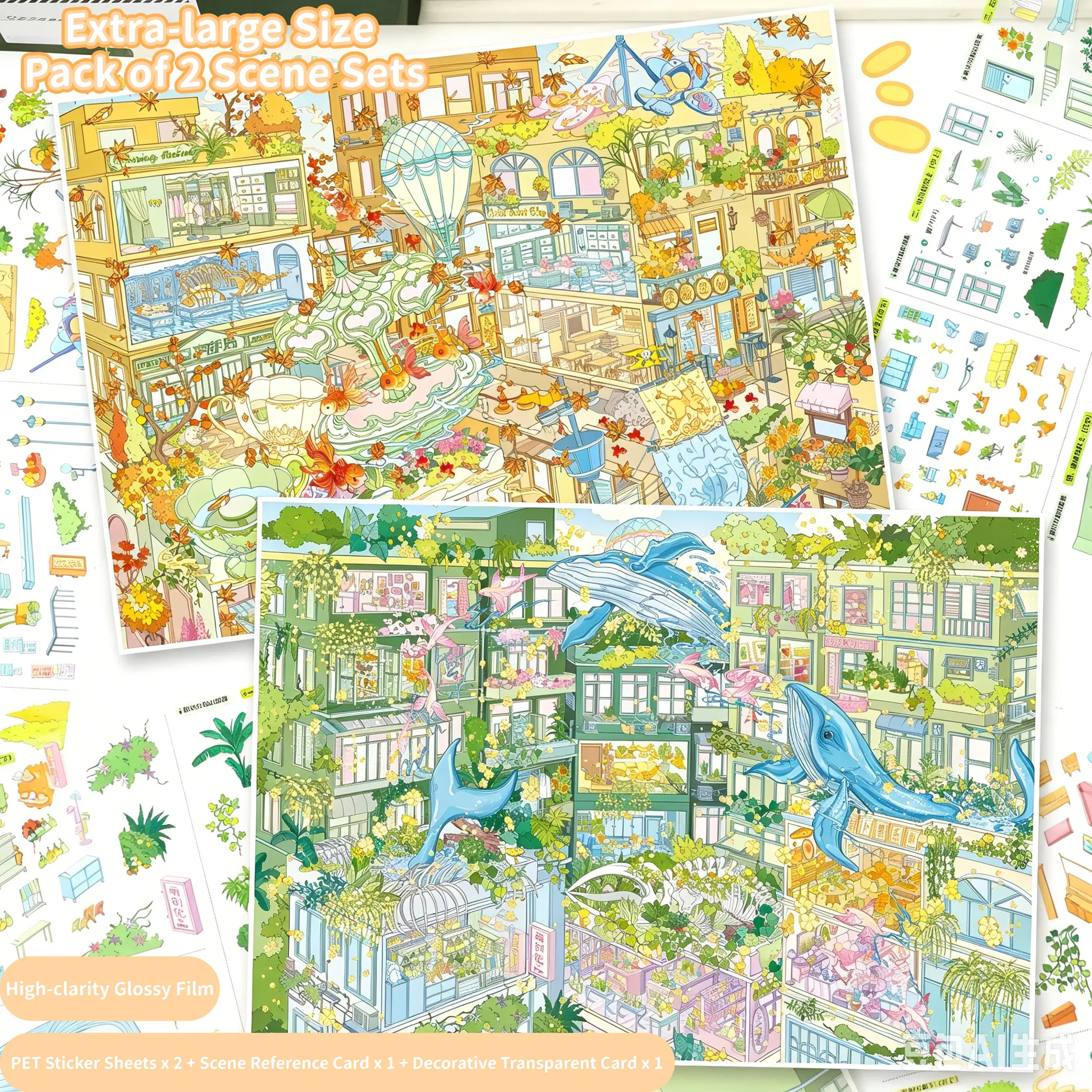 Goldfish Series Scene Stickers, Pack of 2 Scene Sets, Extra-Large Size DIY Sticker Scenes, Landscape Stickers
