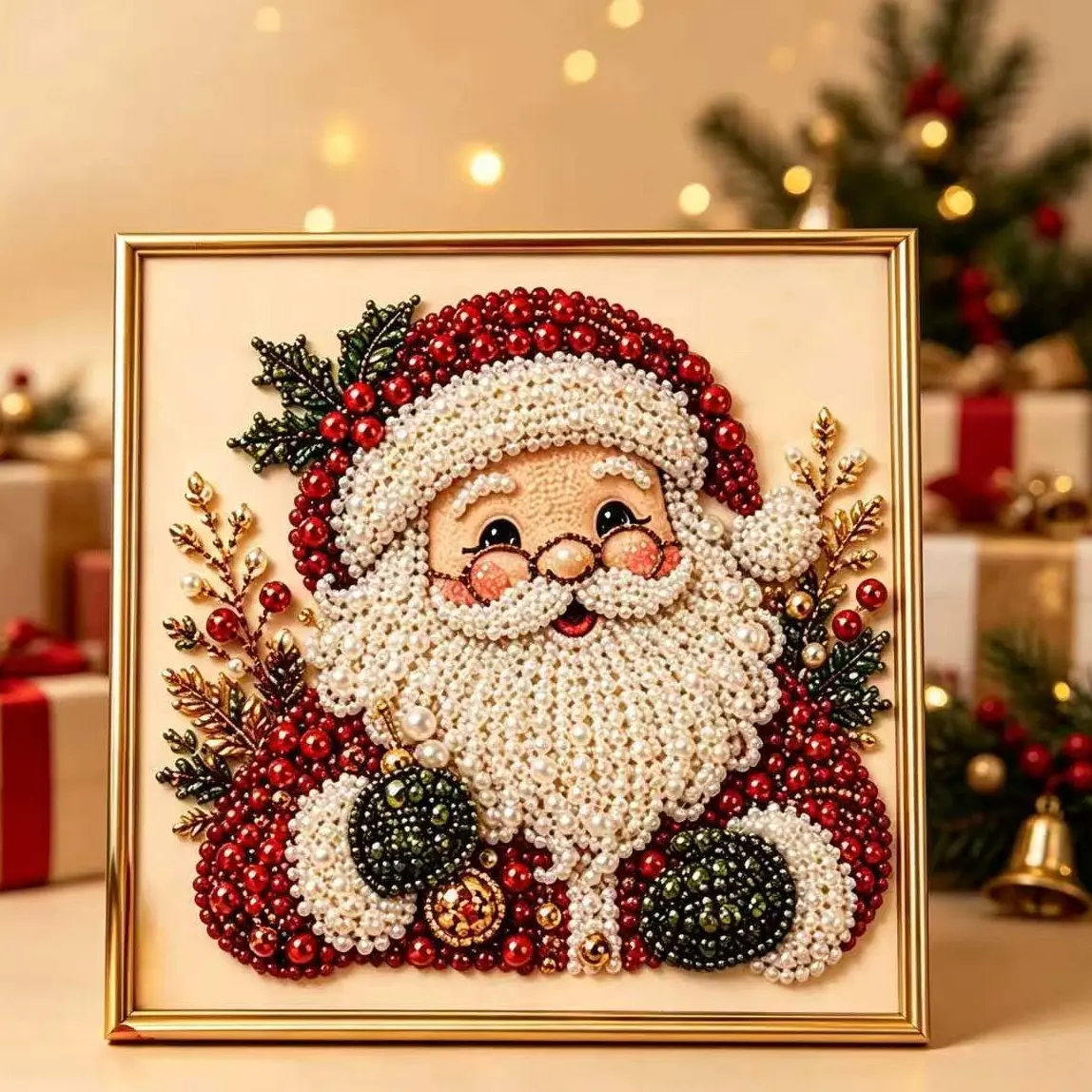DIY Christmas Pearl Diamond Painting Art Kit with Frame, Christmas Pearl Beads Art Craft for Adults & Beginners, Gemstone Diamond Dots Beads Painting for Home Wall Decor, Style-B