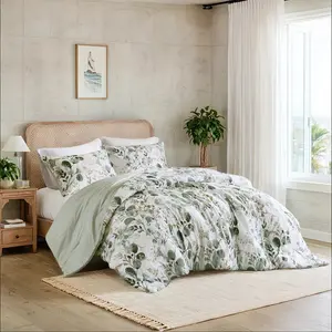 3 Piece Comforter Sets, Reversible Seersucker Floral Bedding Sets, Lightweight Botanical Flowers Comforter Bed Set with Pillow Shams