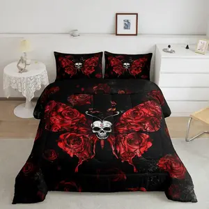 Goth Moth Kids Comforter Set,Halloween Skull Bedding Set for Boys Men Teens,Gothic Rose Botanical Plants Halloween Bed Set,Wild Flowers Floral Duvet Insert