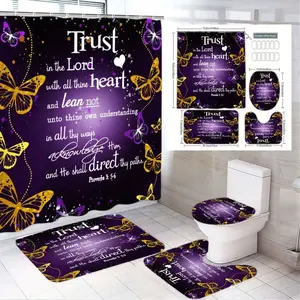 1/4pcs Christian Bible Verse Shower Curtain Set - Proverbs 3:5-6 Purple Gold Butterfly Design, Waterproof Bathroom Curtain, Bath Mat Toilet Seat Cover Rug 4-Piece Restroom Bathroom Decor, Bathroom Decoration Accessories, Perfect for Easter Home Gift