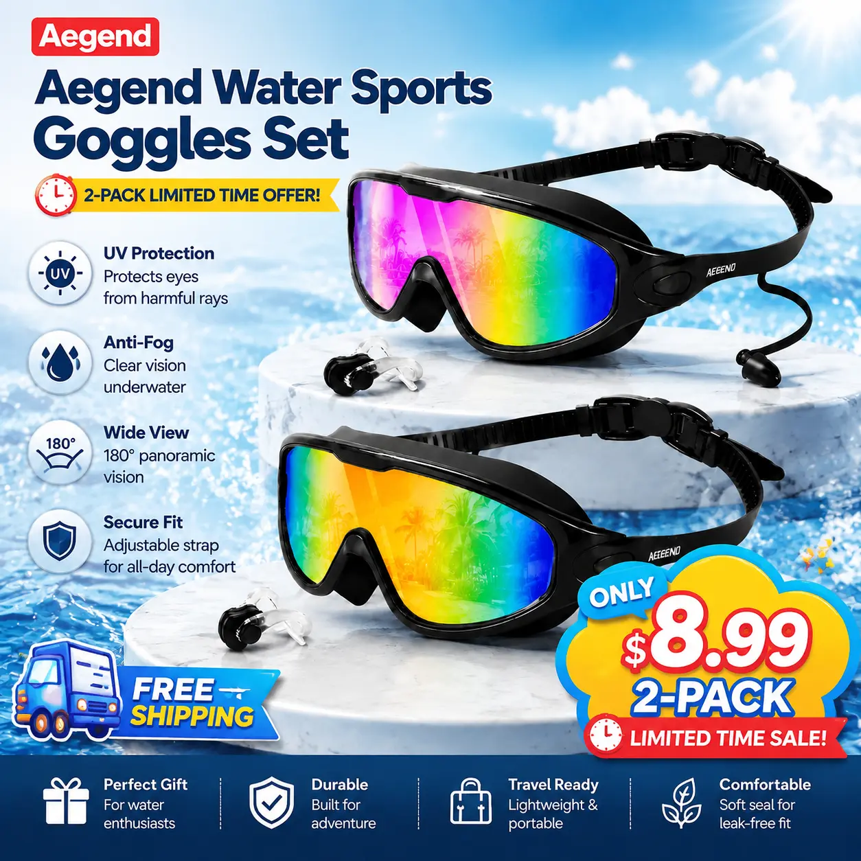 Aegend Adult Wide-View Leak-Proof Swimming Goggles - Anti-Fog, UV-Protective Silicone Pool Goggles with Ear Plugs, Water Sports Accessory for Men & Women, Leak Proof Goggles tiktokshopbacktoschool