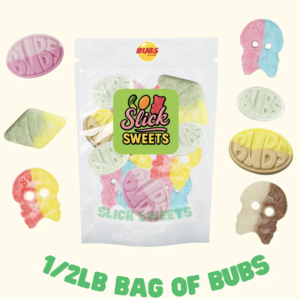 Bubs 1/2lb Authentic Swedish Foamy Soft Candy Skulls Ovals Classic Nostalgic Treats Sweet Delight Banana Sour Tutti Frutti Bubblegum Flavor Bonbon Snack
