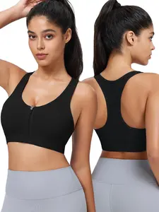 Women's Solid Color Wireless Sports Bra, High Stretch Breathable Comfortable Zipper Design Sports Bra, Ladies Sportswear for Indoor Outdoor Wear Gym Clothes