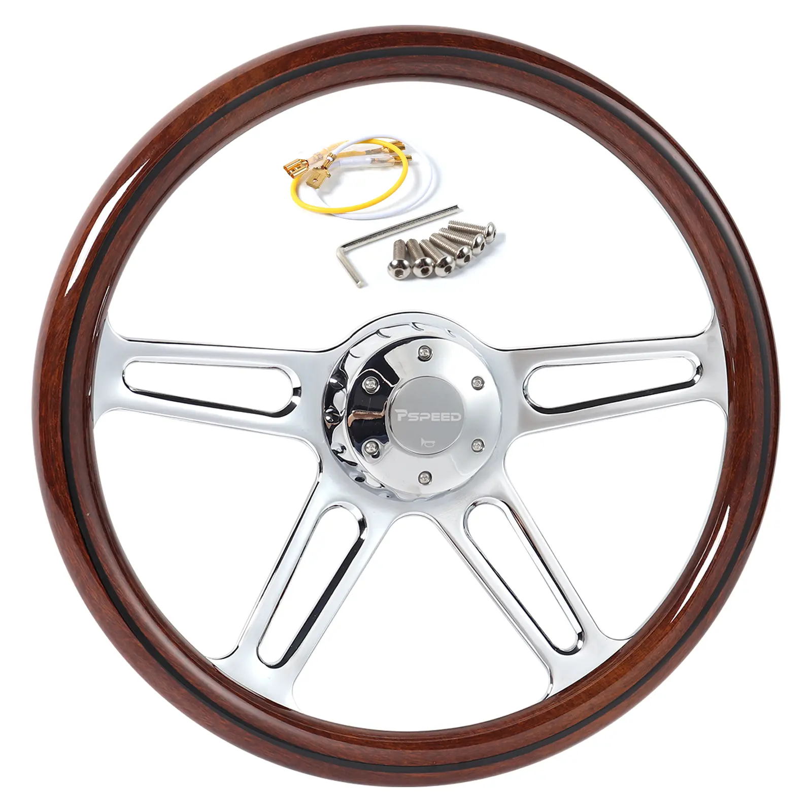 18 inch Lacquered Solid Truck Steering Wheel, 5-Bolt Fitment, 4-Spoke 50mm Deep Dish, Chrome Plated Metal, Classic Wood Grain Appearance, Hand Polished Dark Grip for Kenworth, Peterbilt Trucks, Dark Wood, High Gloss Finish