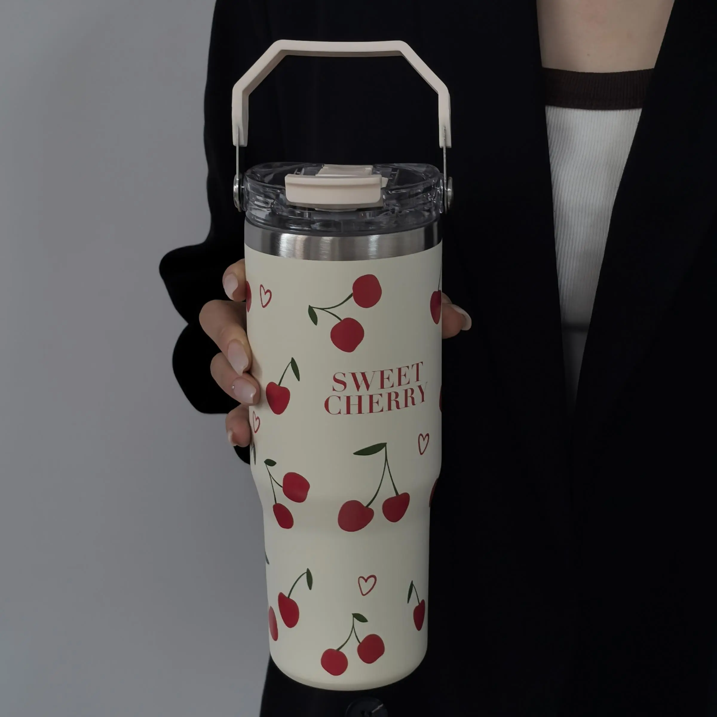 Cherry Pattern Vacuum Flask, Large Capacity Water Bottle with Straw & Handle, Summer Cool Bottle Portable Insulated Bottle for Home Office School Outdoor, Drinkware, Drinkware Stylish Flasks, Insulated Water Bottles