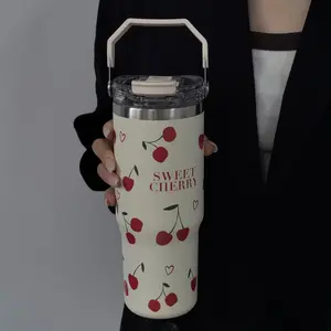 Cherry Pattern Vacuum Flask, Large Capacity Water Bottle with Straw & Handle, Summer Cool Bottle Portable Insulated Bottle for Home Office School Outdoor, Drinkware, Drinkware Stylish Flasks