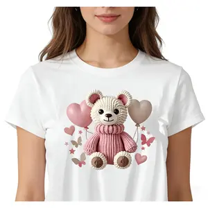 Cute Pink Knitted Bear Short-Sleeve Top with Heart Balloons & Butterfly Elements for Girls' Sweet Style