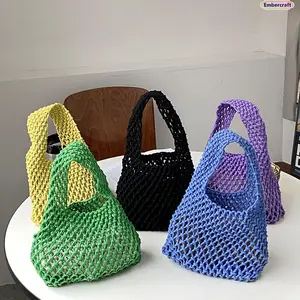 Boho Woven Beach Tote Bag for Women, Handmade Cotton Rope Mesh Shoulder Handbag with Inner Pouch, Lightweight Crochet Vacation Summer Bag, Large Capacity Pool Resort Travel Casual Carryall
