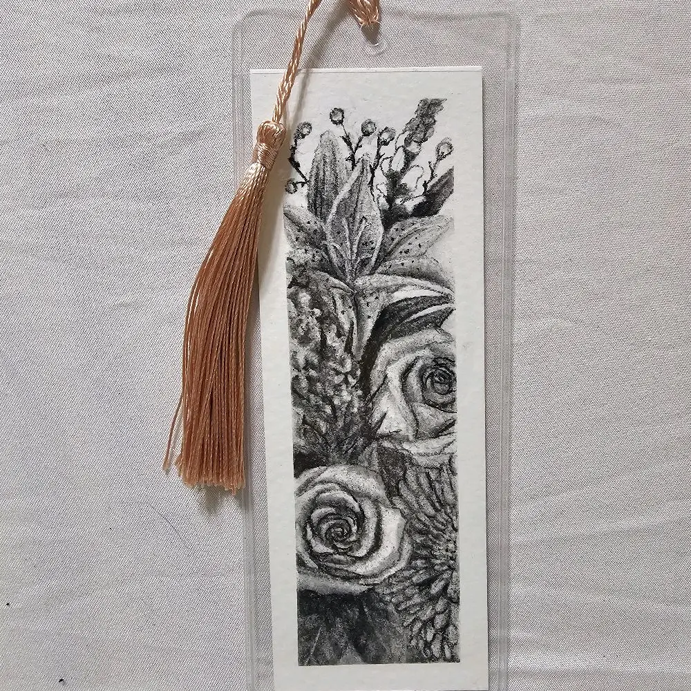 Rose and Lily Bouquet Bookmark with a rose gold tassel, in Clear Plastic Protective Cover