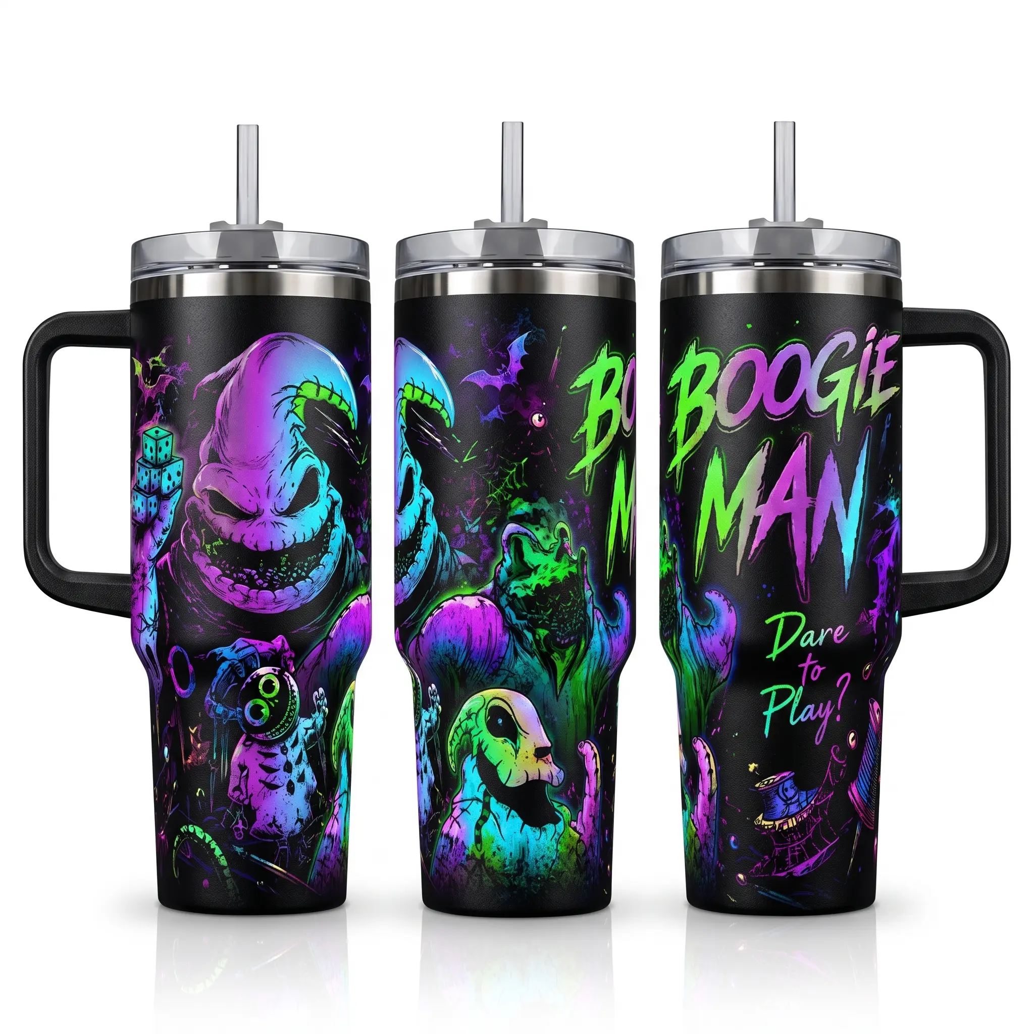 Gambling Bogeyman Tumbler, Halloween 40oz Cup with Handle & 30/20oz Travel Mug, Movie Fan Gift, The Bug King Gothic Style Insulated Coffee Cup, Nightmare Before Xmas Inspired Insulated Tumbler Featuring Neon Comic Style Graph