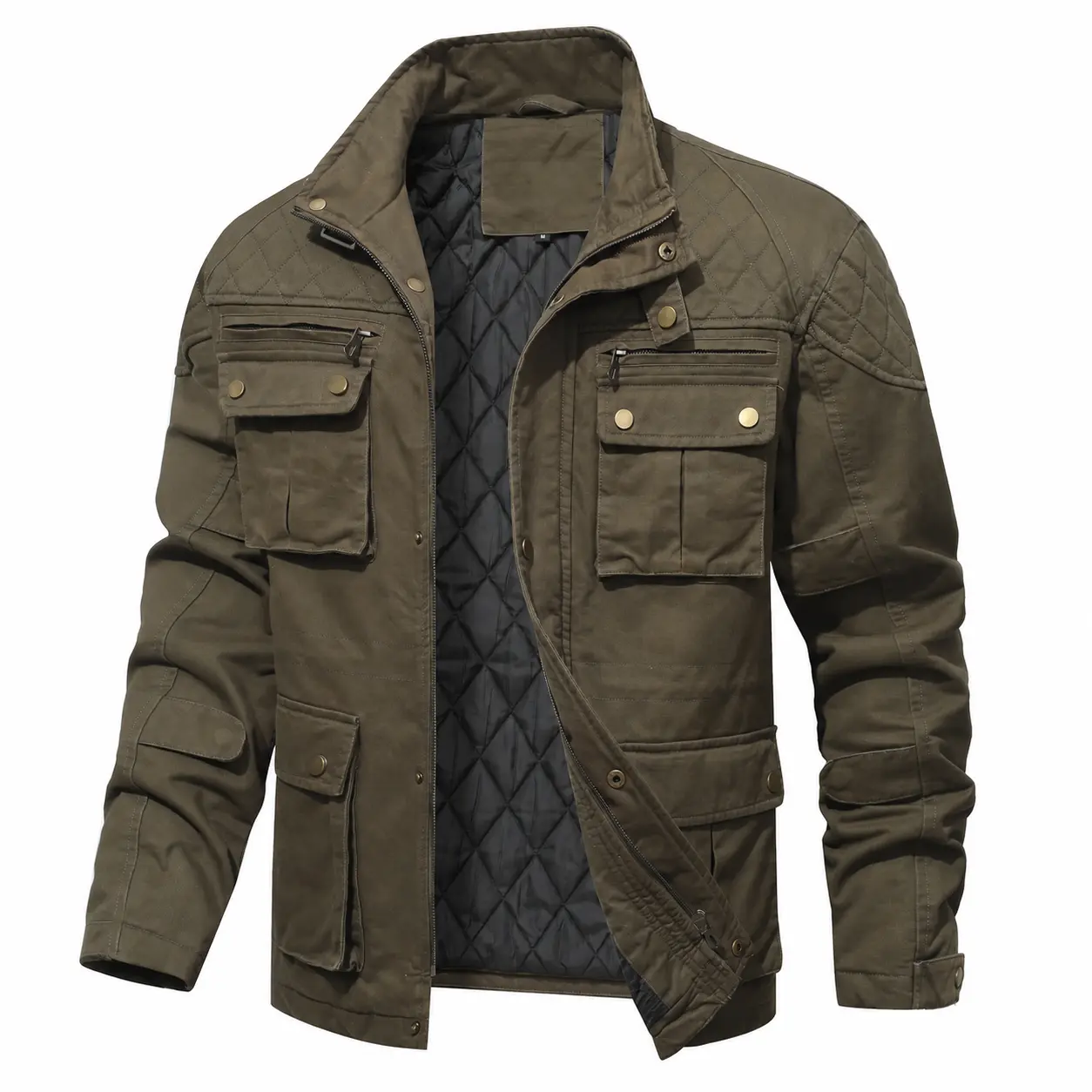 Men's Military Field Jacket, Quilted Lined Multi-Pocket Utility Coat, Stand Collar Zip Up Cargo Jacket for Fall Winter, Casual Outdoor Workwear
