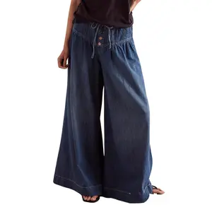 Chouyatou Women's Loose Wide-Leg Jeans Mid-Rise Elastic Waist Drawstring Flared Pleated Ruffle Button Jeans for Comfortable Stylish Wear Pants Dark Blue Plus Size Casual Denim Trousers