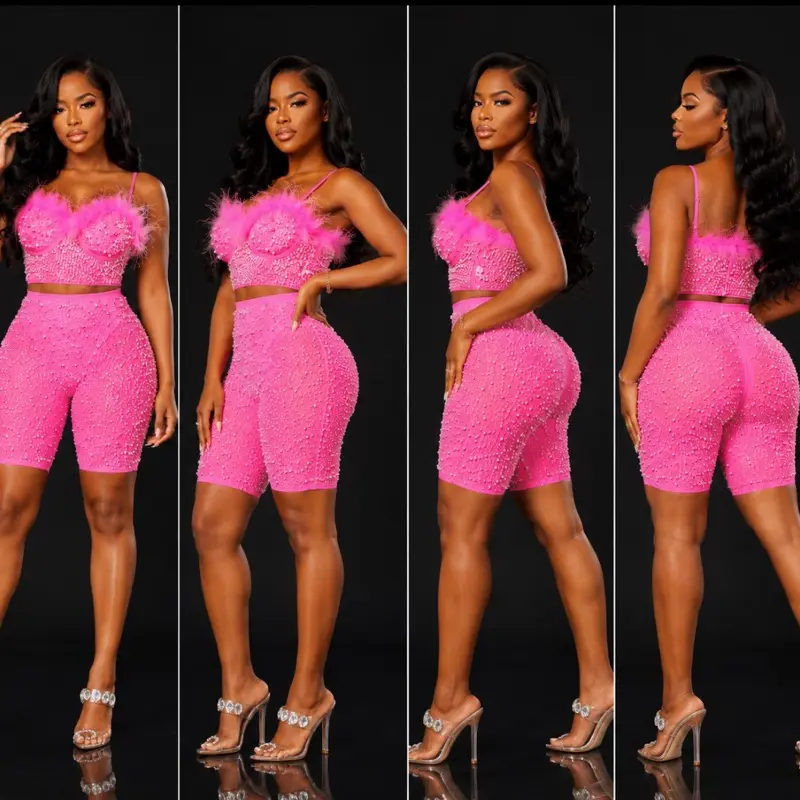 Lady's Luxury Blush Pink Rhinestone 2-Piece Suits Set, Stylish Printed Women's Clothes Shorts & Top Set Elegance Elastic Womenswear Faux Fashion