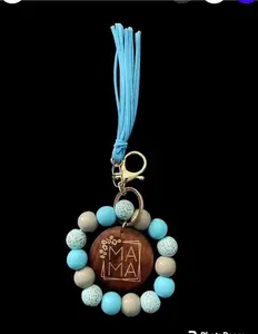 MAMA Leopard Wooden Beads keychain Blue