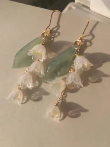 Tulip Leaf Women's Romantic Style Earrings, Pearl Glossy Flower Shape Long Fringe Fashion Earrings, Elegant Jewelry, Fashion Jewelry Party