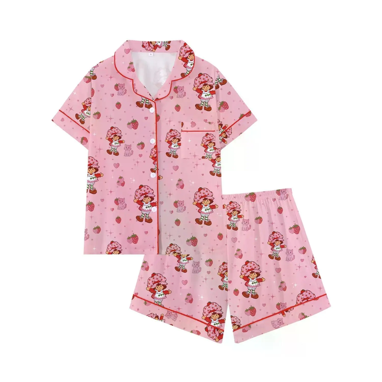 Women's Adorable Strawberry & Cat Cartoon Pajama Set, Short Sleeve Button-Up Lounge Wear, Perfect Party Gift Sleepwear