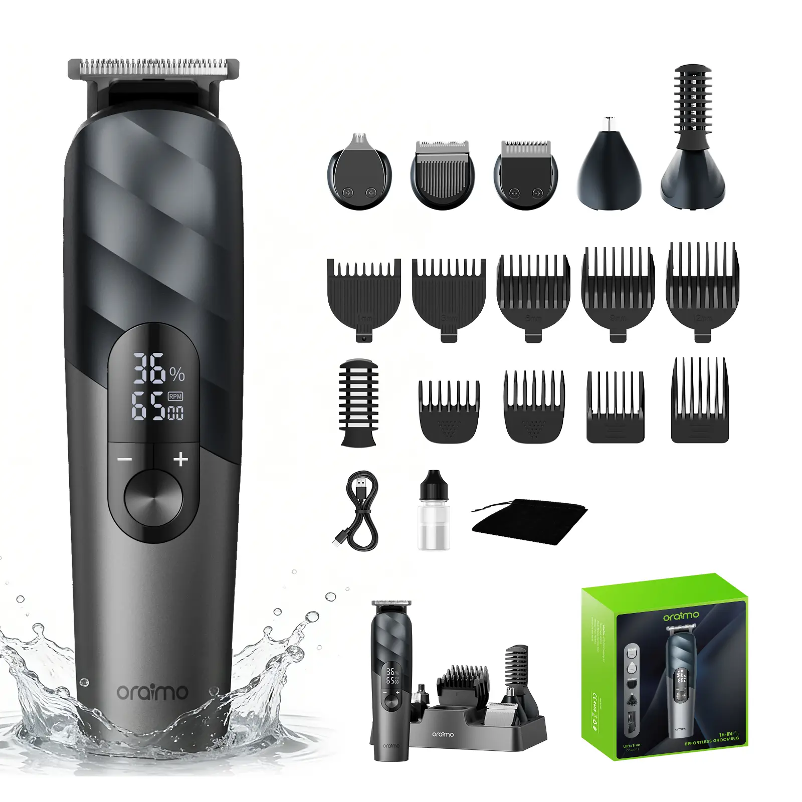 [FathersDayGift] Oraimo UltraTrim 16-in-1 Cordless Hair Clipper Kit, All-in-One Mens Grooming Trimmer for Hair Beard Face, 3 Speed Settings, Kid-Friendly Mode, IPX7 Waterproof Electric Clippers with Storage Case