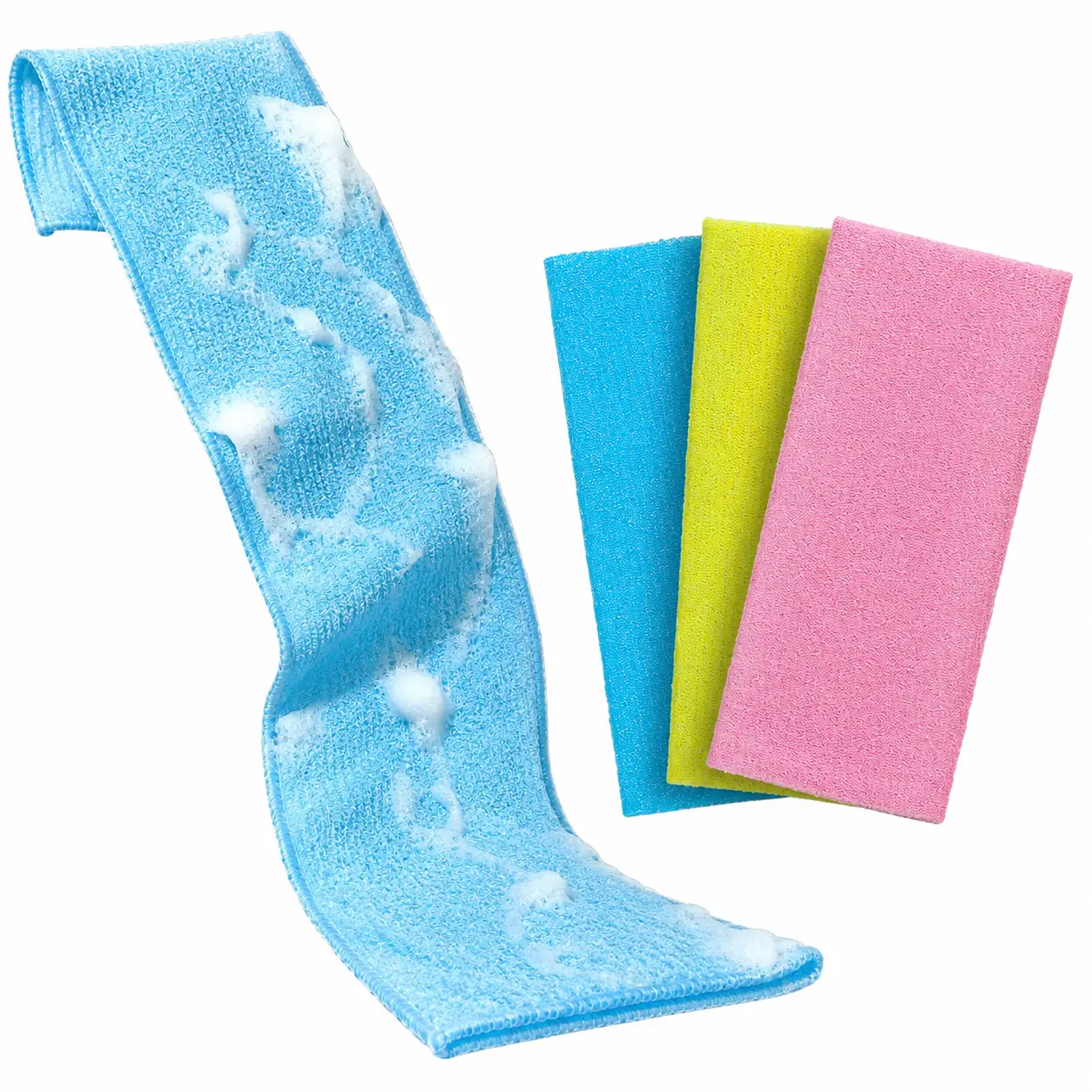 Exfoliating Washcloth & Shower Body Scrubber 3 Pack | 35 Inch Japanese Korean Back Scrubber Towel, Textured Nylon Quick-Dry Bath Cloth for All Skin Types