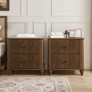 Fluted Nightstand End Table 2-Piece Set, 21.65" Wide Side Table with 3 Drawers, Mid Century Modern Wood NightStand with Metal Handle, Wooden Bedside End Table for Bedroom, Living Room, Closet, Walnut