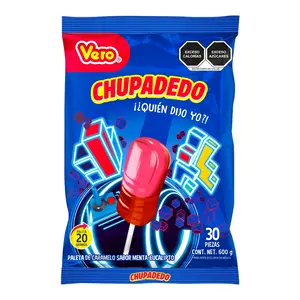 Dulces Vero Chupa Dedo 24/30 Sweet Spicy Chili Lollipop 30 Pieces Pack for Parties Piñatas Candy Tables