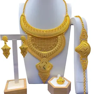 Gold Plated Bridal Jewelry Set 4 Piece Statement Arabic Gold Choker Necklace Earrings Bracelet Ring