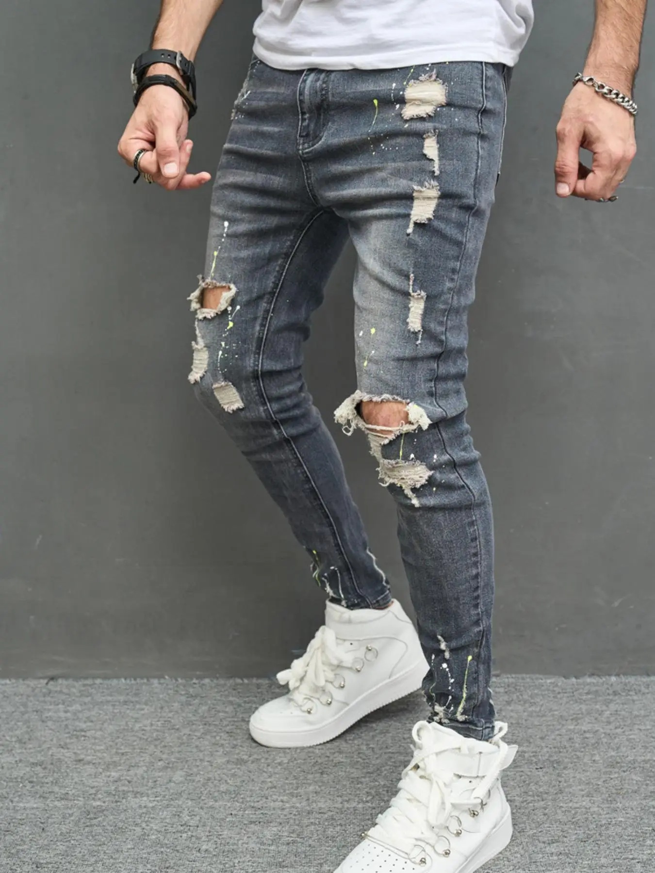 Men's Ink Splash Print Ripped Knee Skinny Jeans, Fashion Casual Pocket Design Graphic Denim Pants for Daily Outdoor Wear, Mens Bottoms for All Seasons