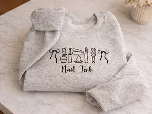 Nail Tech Custom Embroidered Crewneck Pullover Sweatshirt & T-Shirt Soft Cozy Unisex Sizing for Nail Techs Shirts Women Light Gray Cotton Poly Blend