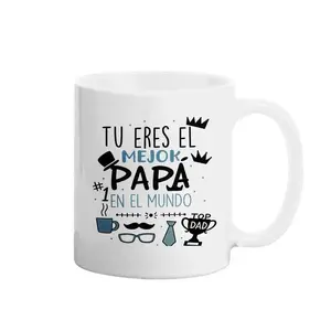 Hand-painted Pattern Mug Spanish Mejor Papa Del Mundo Mug, Top Dad Trophy & Mustache Graphic 11oz White-Handle Ceramic Coffee Cup, Fathers Day Gift for Latino Dads Father Gift