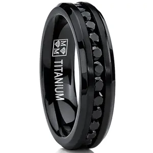 6MM Black Womens Eternity Titanium Ring Wedding Band W/ Black Cubic Zirconia