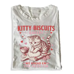 KITTY BISCUITS Printed Design Unisex Vintage Crew Neck Regular Fit Cotton Fabric Casual Comfort Breathable Short Sleeve Funny T-shirts Fashion Men&Women's Top for Streetwear 123104