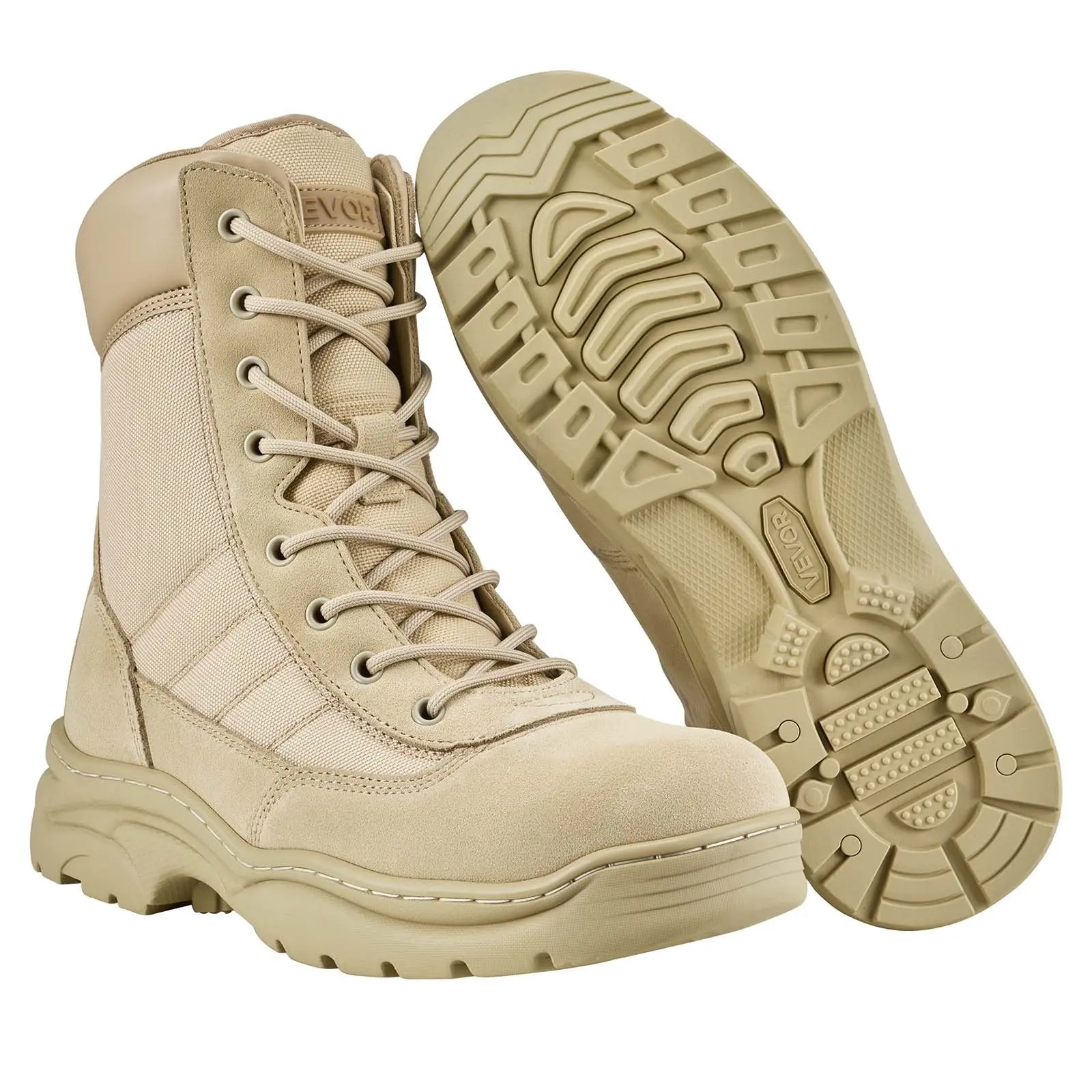 Men's Military Tactical Boots, 8 Inch Combat Hiking Work Boots, Lightweight & Breathable Side Zipper Motorcycle Interceptor Trooper Boot, For Outdoor Security, US Size 10 Sand-colored