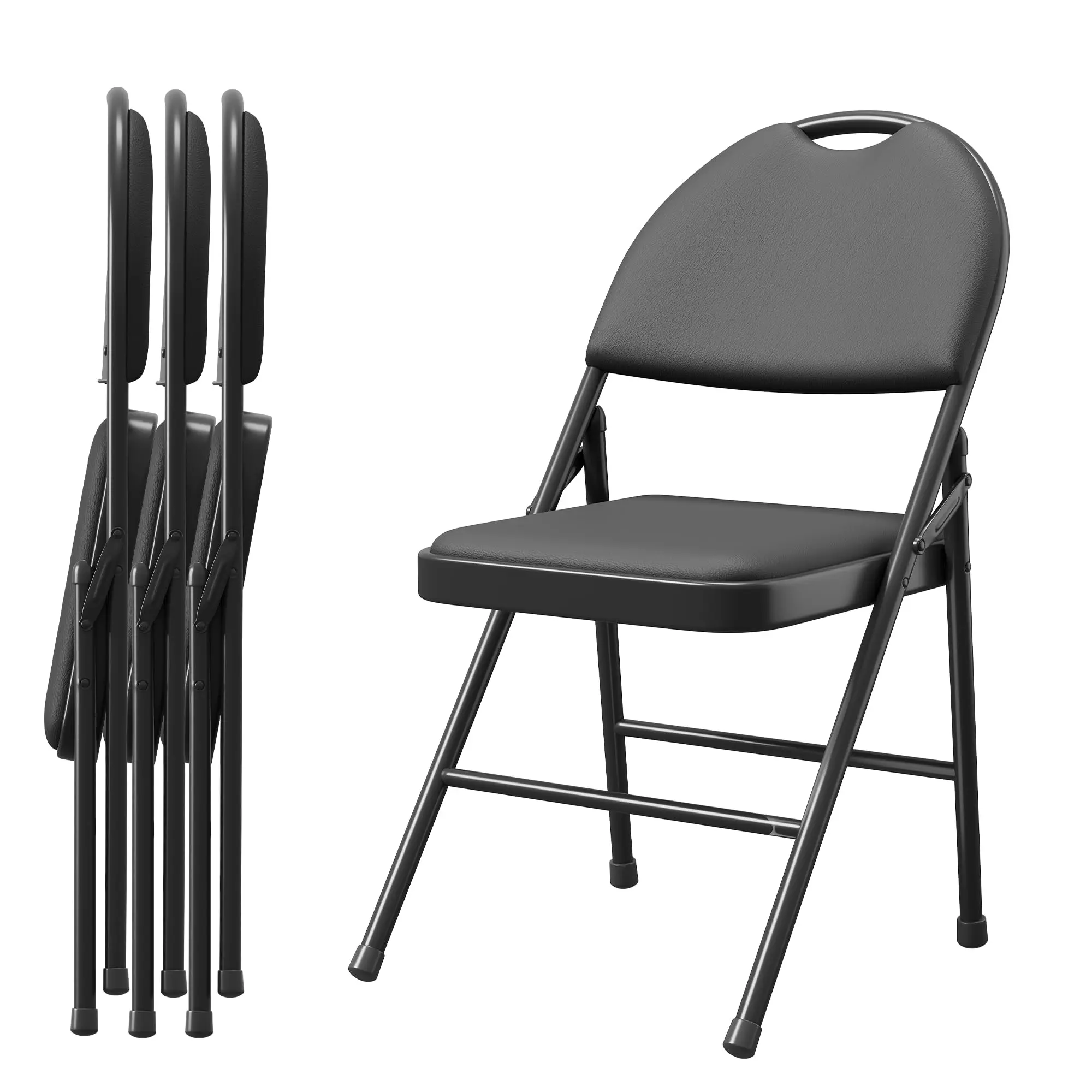 GARVEE 4 Pack Folding Chairs with Enlarged Backrest, Foldable Dining Chairs Set of 4 Featuring PU Leather Padded Seats, Steel Frame Support, No Assembly Needed, Ideal for Outdoor & Indoor Use, Black