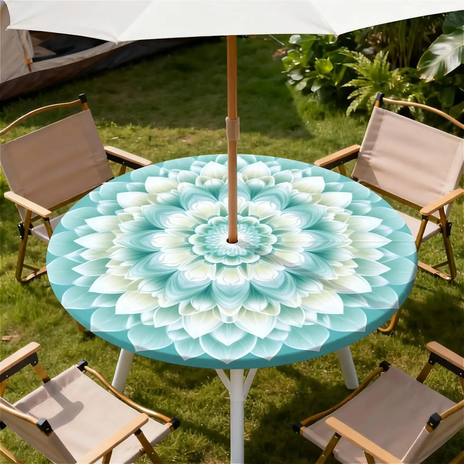 Round Outdoor Tablecloth with Umbrella Hole, Zippered Fitted Waterproof Tablecover with Elastic Edge Fits 45"-48" Round Tables for Patio Picnic Garden Camping Party, Mint Mandala Patter