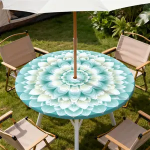 Round Outdoor Tablecloth with Umbrella Hole, Zippered Fitted Waterproof Tablecover with Elastic Edge Fits 45"-48" Round Tables for Patio Picnic Garden Camping Party, Mint Mandala Patter