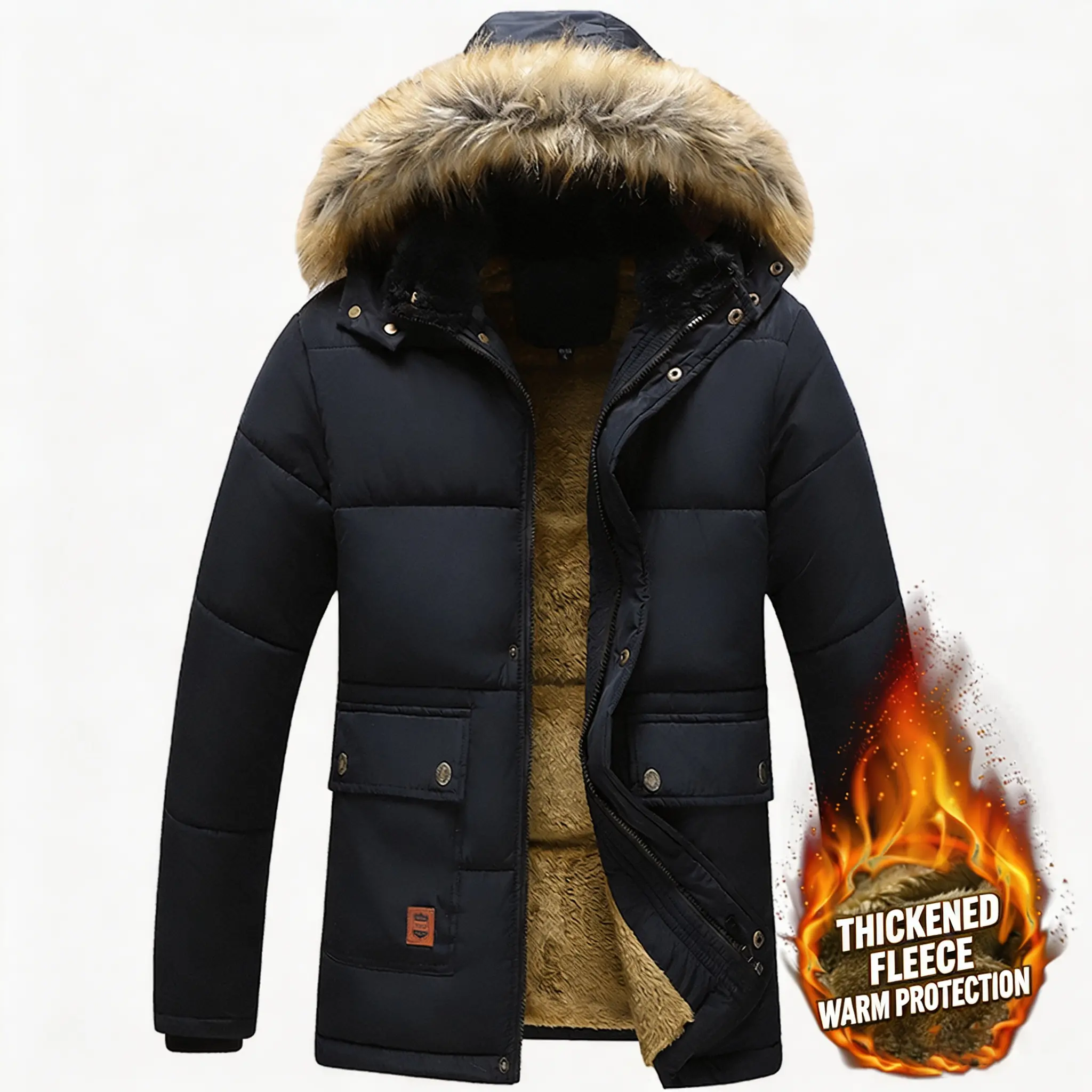 Men’s Thick Long Sleeve Full-Zip Plain Hooded Casual Outdoor Menswear Coat - Detachable Hood, Multiple Pockets, Windproof Jackets & Coats, Cold-Resistant for Skiing, Snowboarding