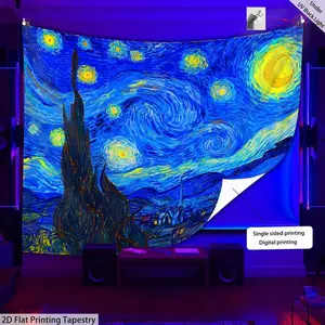 [Fluorescent Tapestry] Fluorescent Glow in UV Light Tapestry - 1pc Oil Painting Style Starry Sky - Large Scale 2D Flat Printing Tapestry, Suitable for Bedroom, Office, Living Room, Home Decoration, Installation Free