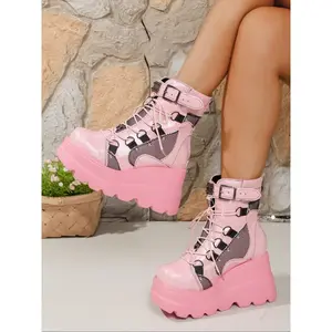 Women's Punk Wedge Boots, Gothic Platform Shoes, Tie-Up Design, Heavy Metal Buckle & Rivet Decorations, Fall Fashion Footwear
