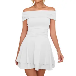 Kaximil Spring Off Shoulder Mini Dress - High Stretch Athletic Fabric Ruched A-Line Party Dress - Tummy Control Corset Ruffle Hem Dress for Graduation, Easter, Wedding Guest & Date Night Casual Basic Womenswear