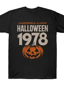 Men's Vintage 90s Michael Myers Halloween T-Shirt 100%25 Cotton Retro Horror Movie Graphic Tee with Jack-O-Lantern Design, Short Sleeve Casual Shirt for Halloween Parties & Casual Attire, Halloween Clothes Fabric Menswear funny  tshirt