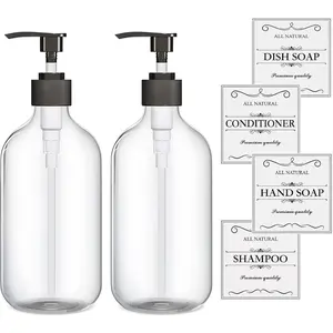 2 count Clear Dish Soap Dispenser for Kitchen with Rust Proof Pump (16 Oz),  Hand Soap Dispenser for Bathroom, Plastic Liquid Soap and Lotion Dispenser/Bottles Set,  Labels