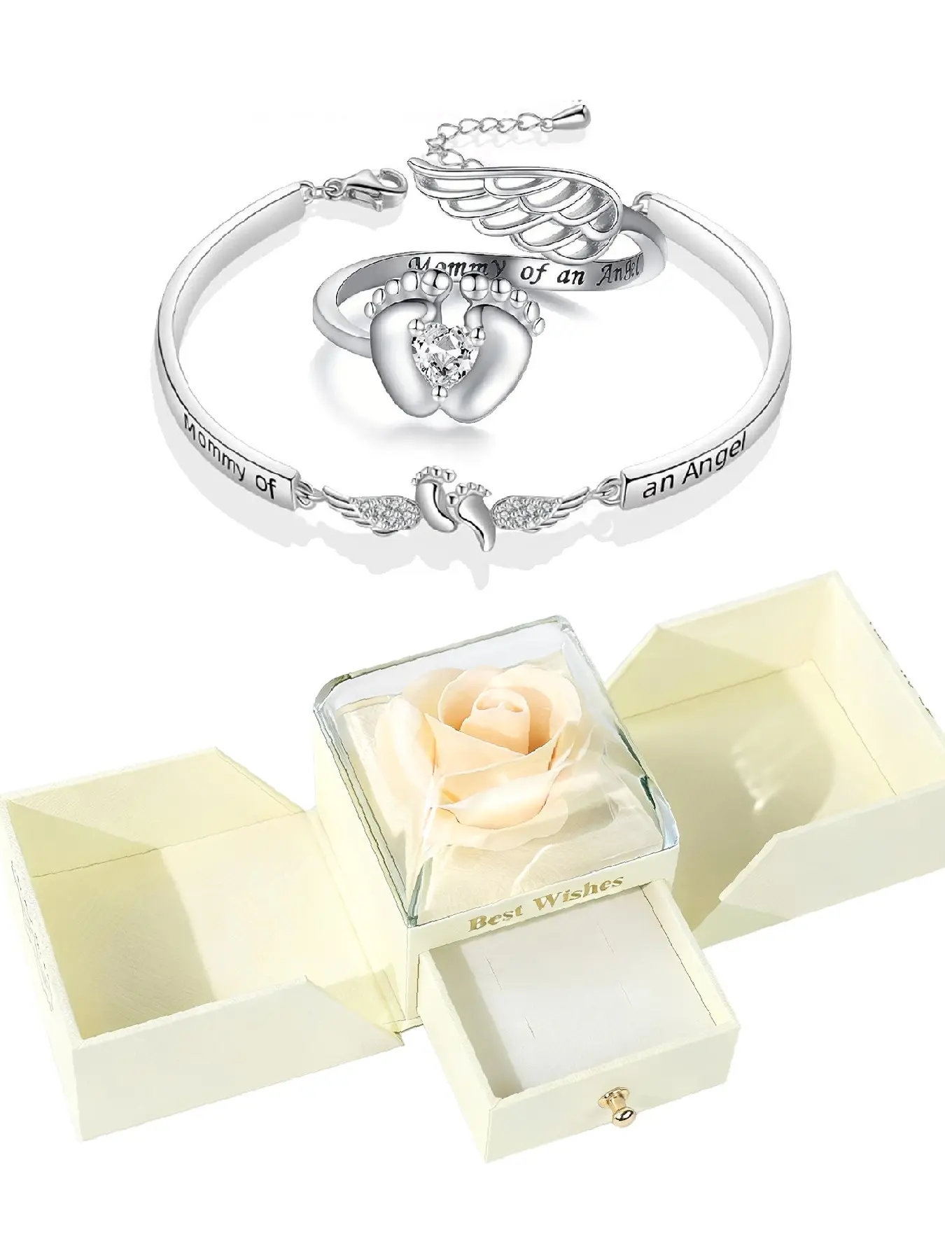 Baby Loss Memorial Matching Jewelry Set, Angel Wings Footprint Bracelet Ring, Pregnancy Loss Gift, Mother's Day Present, Rose Box, Jewellery