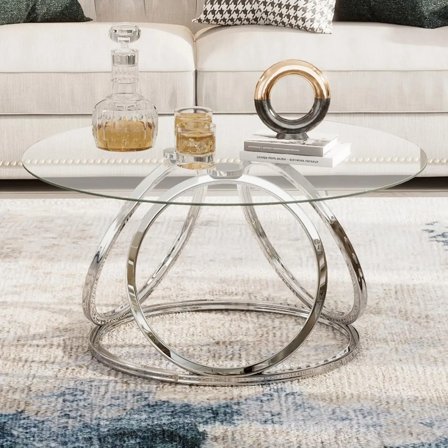 O&K FURNITURE Silver Coffee Table, Modern Glass Coffee Table Living Room Table with Ring-Shaped Frames, Glass Coffee Table for Home&Office, Chrome Finish, 1 PC Round Minimal