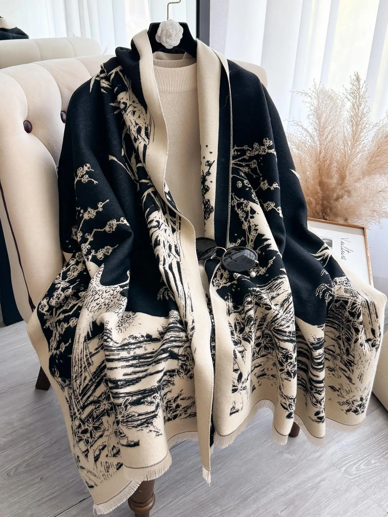 Women's Landscape Print Double Sided Thick Boho Style Shawl, Fashion Shawl Wrap, Casual Soft Warm Long Scarf for Fall & Winter, Fashion Accessories for Women & Girls