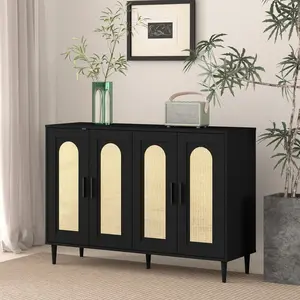 48.3" Furniture Rattan Sideboard Buffet Cabinet，Boho Storage Cabinet with Adjustable Shelves，Farmhouse Coffee Bar Cabinet with 4 Doors for Kitchen, Living Room, Entryway